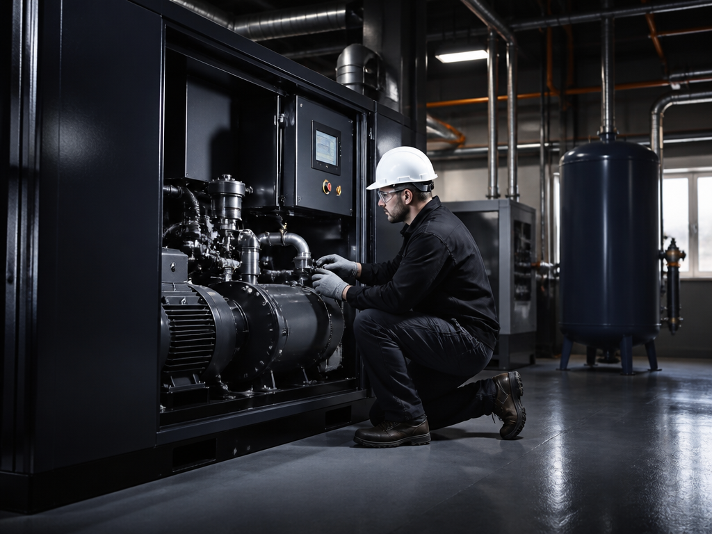 Technik serwisujący sprężarkę powietrza